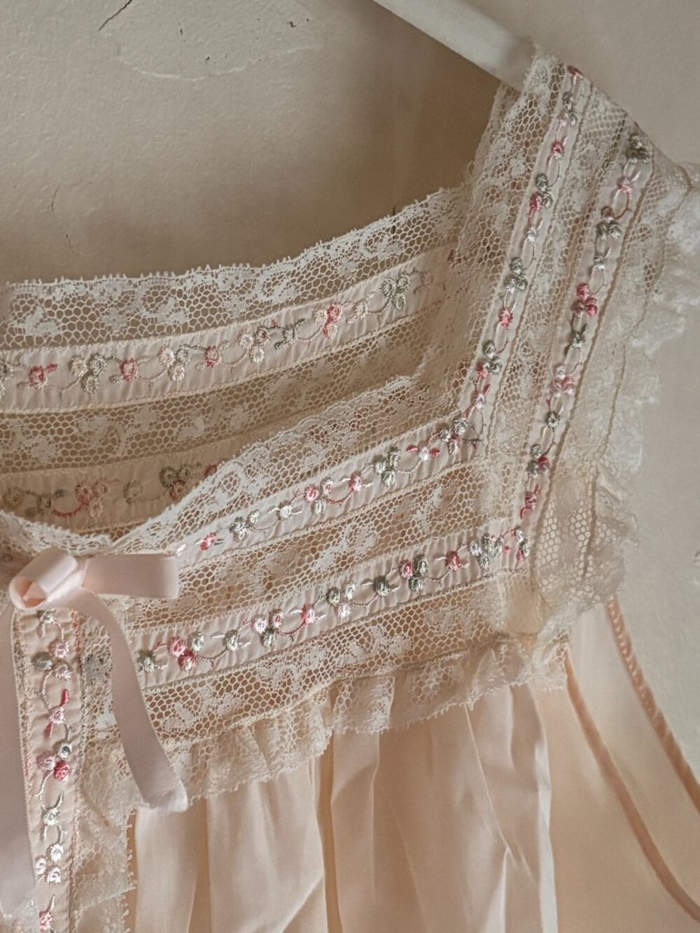 Vintage Blush Lace Nightgown Floral Embroidered Cottage Romantic Lingerie